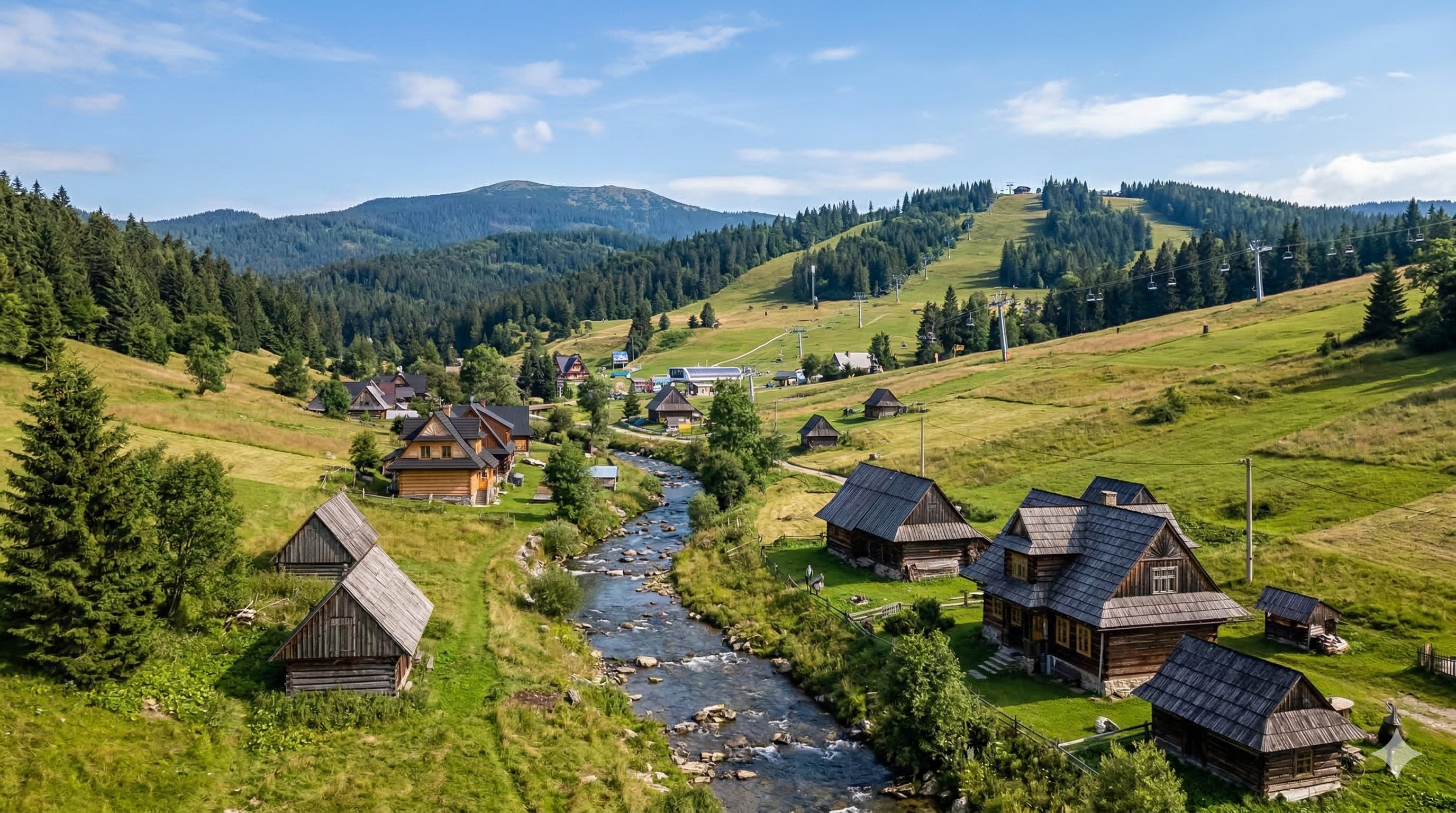 Widok na malowniczą dolinę i górski potok